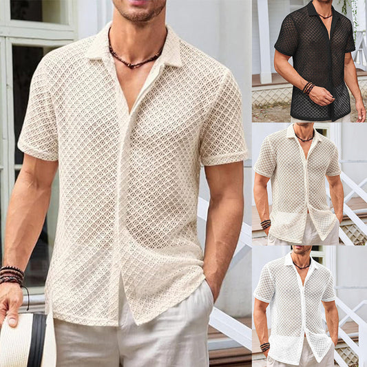 Men's Summer Mesh Short Sleeve Shirt, Solid Color Lapel Top for Beach and Casual Wear