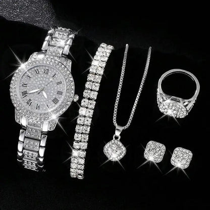 Women's Diamond Fashion Roman Quartz Watch Five-piece Set – Elegant Luxury Wristwatch Collection for Women