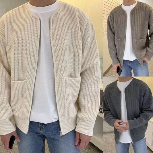 Men’s Zip-Up Knitted Cardigan with Funnel Neck, Long Sleeve Sweater, Pockets, Comfortable All-Season Jumper