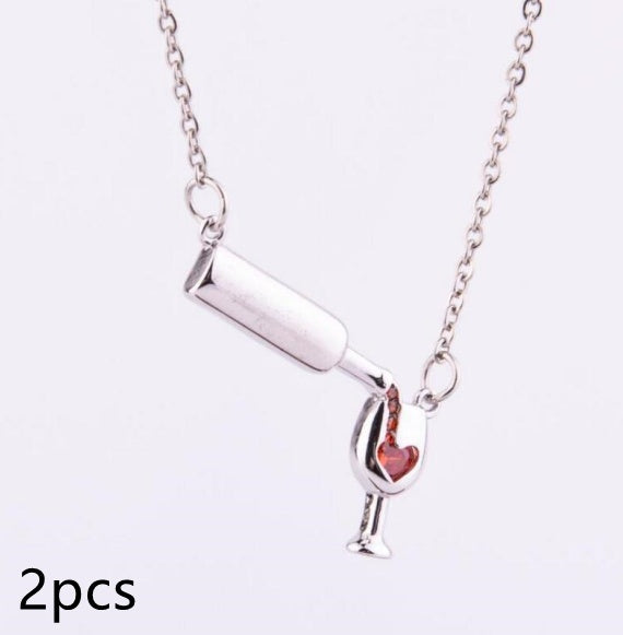 Wine Bottle & Cup Pendant Necklace for Women – Red Enamel Heart Love Cheers Chain Necklace, Perfect Gift for Wine Lovers