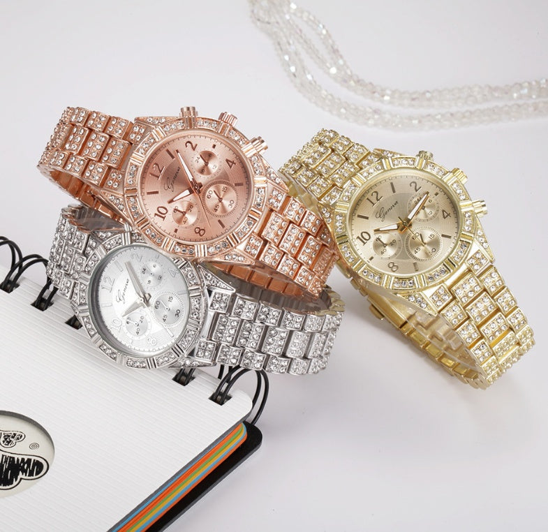 Women's Crystal Quartz Analog Wristwatch - Fashion Stainless Steel Geneva Luxury Sport Watch for Women