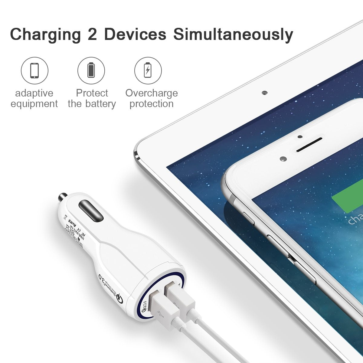 Premium Quick Charge 3.0 Car Charger - Dual USB Fast Charging Adapter with Qualcomm Technology