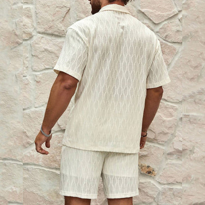 Men’s Fashionable Tracksuit Set – Solid Color Loose Casual Two-Piece Lapel Button Shirt & Shorts for Beach Holiday
