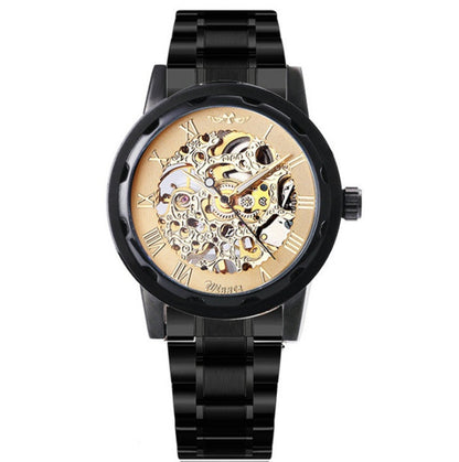 The Winner Men's Fashion Business Casual Gold Watchband Manual Mechanical Watch with Space Engraving