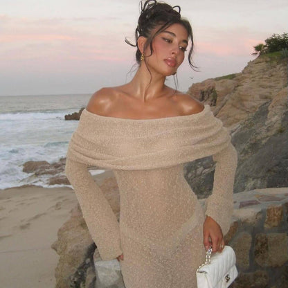 Women's One-Shoulder Knitted Dress – Sexy Long-Sleeved Beach & Holiday Dress for Vacation Style