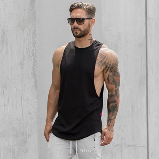 Men's Long Tank Muscle Workout T-Shirt - Bodybuilding Gym Athletic Training Sports Tops