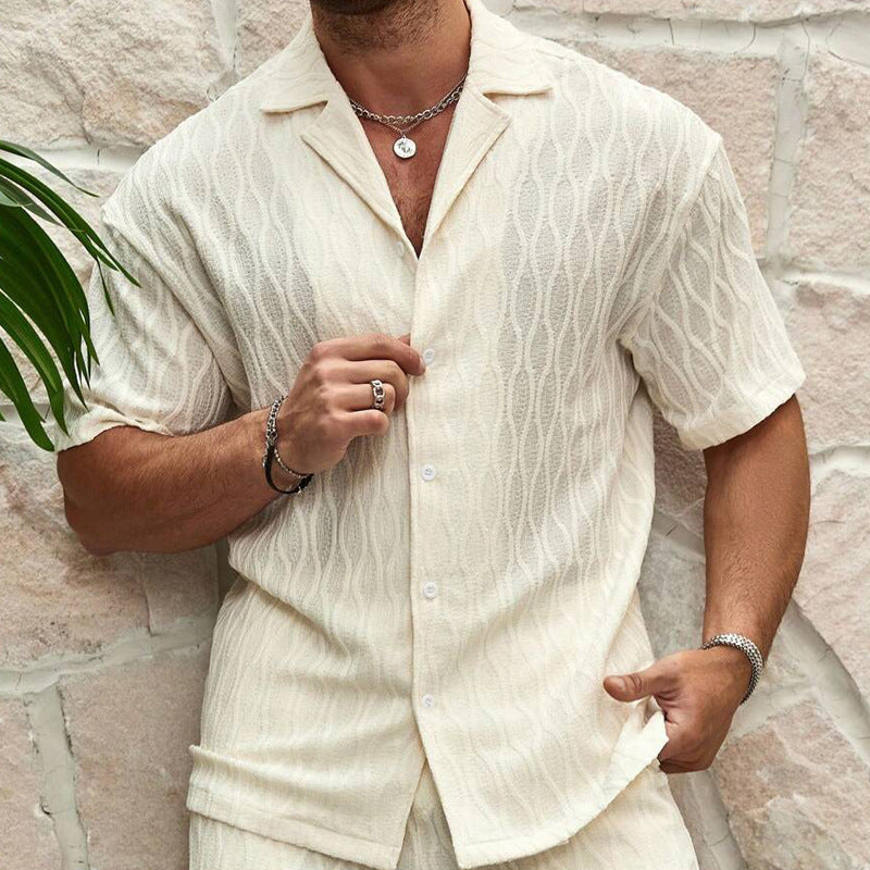 Men’s Fashionable Tracksuit Set – Solid Color Loose Casual Two-Piece Lapel Button Shirt & Shorts for Beach Holiday
