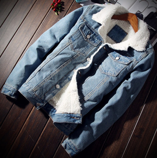 Black and Blue Denim Bomber Jacket with Fur for Men – High-Quality Fashion Jeans Jacket with Fleece Lining, Oversized Winter Coat