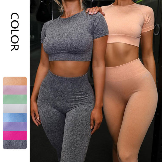 Seamless Yoga Sport Set for Women – Short Sleeve Top and Running Leggings Fitness Outfit