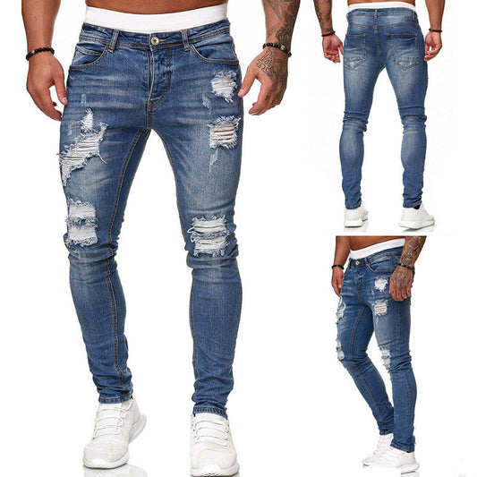 Hole-Worn White Cowboy Ripped Jeans with Slim Fit for Men
