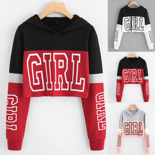 Women's Patchwork Crop Top Hoodie – Letter Print Casual Sweatshirt for Streetwear & Everyday Style
