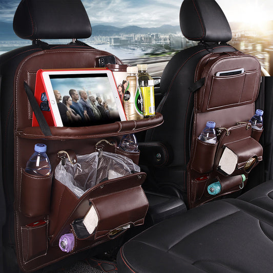 Premium Leather Car Seat Organizer - Waterproof Backseat Storage with Foldable Tray for Ultimate Vehicle Organization