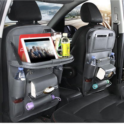 Premium Leather Car Seat Organizer - Waterproof Backseat Storage with Foldable Tray for Ultimate Vehicle Organization