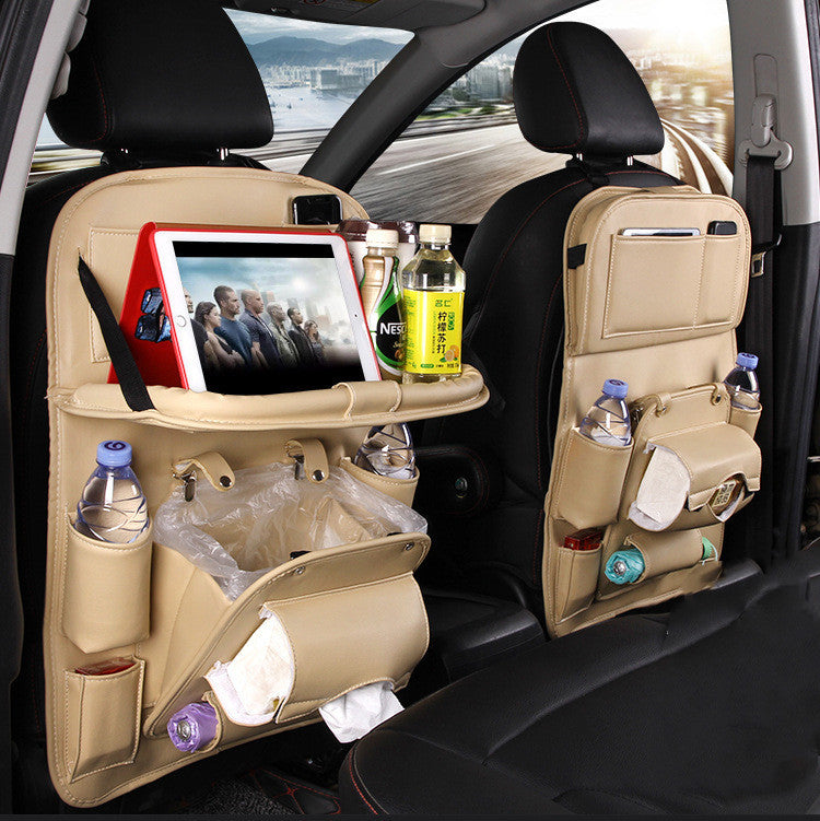 Premium Leather Car Seat Organizer - Waterproof Backseat Storage with Foldable Tray for Ultimate Vehicle Organization