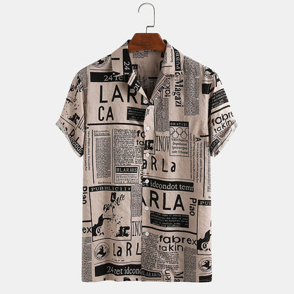 Men's Vintage Newspaper Print Hawaiian Shirt Casual Summer Beach Shirt