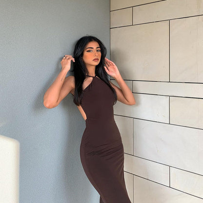 Solid Color Halter Sleeveless Dress – Long Elegant Halterneck Dress for Women
