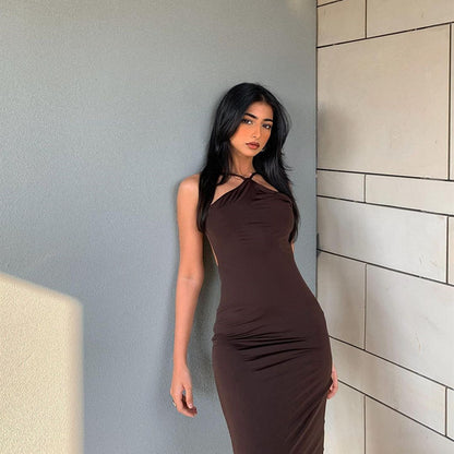 Solid Color Halter Sleeveless Dress – Long Elegant Halterneck Dress for Women