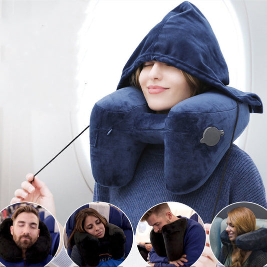 Premium Hooded Travel Pillow - Revolutionary H-Shaped Inflatable Neck Support for Ultimate Comfort