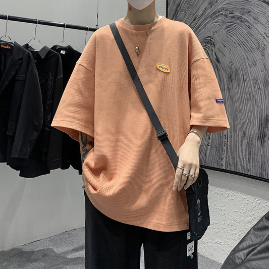Japanese Casual 5-Sleeve T-shirt for Men, Loose Fashion Round Neck Streetwear, Waffle Half Sleeve T-shirt