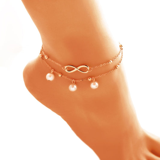 Women's Alloy Anklet with 8-Shaped Double-Layer Pearls – Elegant Foot Jewelry for Women