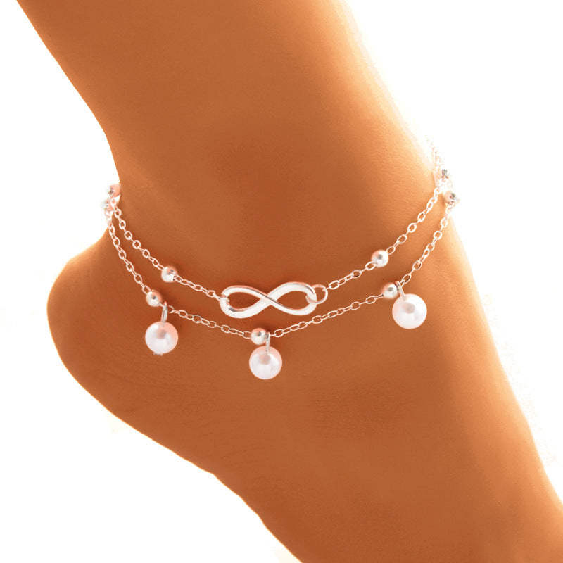 Women's Alloy Anklet with 8-Shaped Double-Layer Pearls – Elegant Foot Jewelry for Women