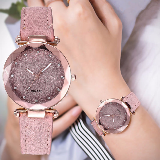 Casual Women's Romantic Starry Sky Wrist Watch – Leather Band Rhinestone Designer Ladies Clock