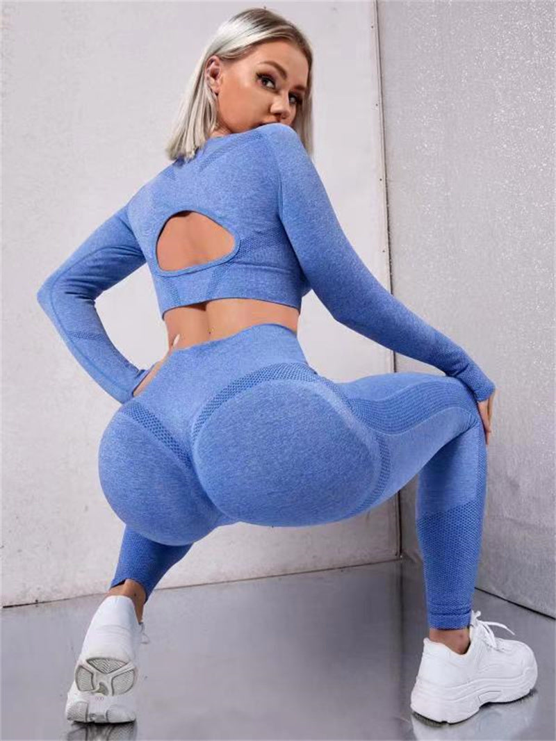Women’s 2-Piece Sports Suit – Long Sleeve Hollow Design Top and Butt Lifting High Waist Leggings