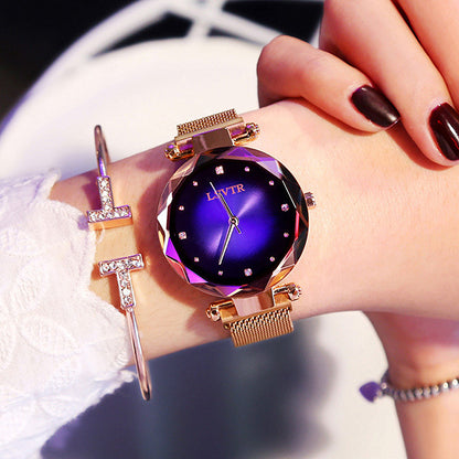 Rose Gold Women's Watch - Fashion Diamond Starry Sky Magnet Wristwatch, Waterproof for Elegant Style