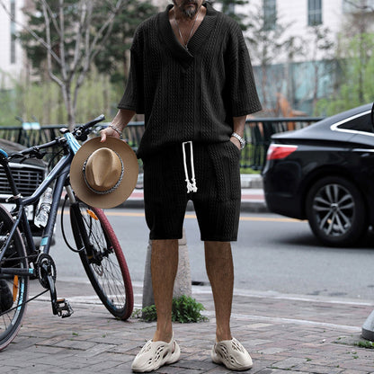 Casual Jacquard Suit Summer V-neck T-shirt & Drawstring Pocket Shorts – Fashion 2pcs Set for Men
