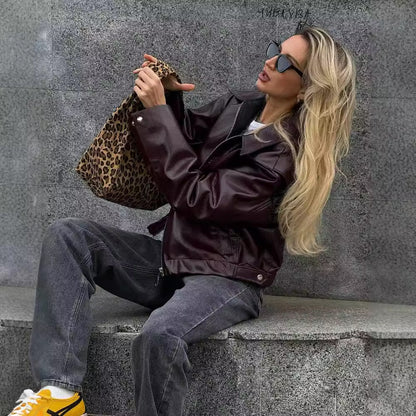 Women's Solid Color Lapel Zipper Jacket – Casual Long Sleeve Leather Coat for Fashionable Outerwear