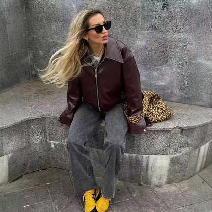 Women's Solid Color Lapel Zipper Jacket – Casual Long Sleeve Leather Coat for Fashionable Outerwear