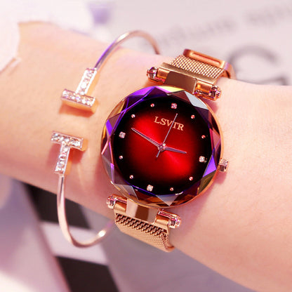 Rose Gold Women's Watch - Fashion Diamond Starry Sky Magnet Wristwatch, Waterproof for Elegant Style