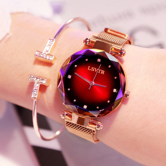 Rose Gold Women's Watch - Fashion Diamond Starry Sky Magnet Wristwatch, Waterproof for Elegant Style