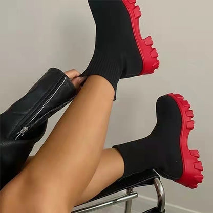 Women's Sock Boots - Platform Chunky Heel Shoes, Trendy Style
