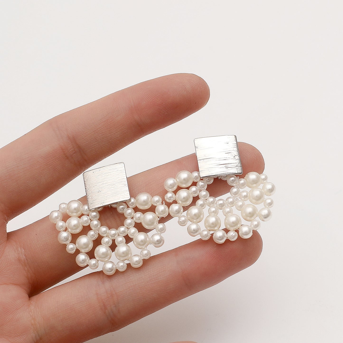Handmade Pearl Woven Scalloped Design Pearl Stud Earrings for Women