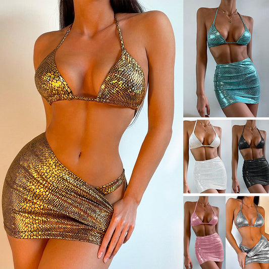 Women's 3-Piece Halter Bikini Set – Snake Pattern Swimsuit with Cover-Up Skirt for Summer Beach & Pool
