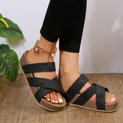 Women's Woven Cross-Strap Platform Sandals – Flat Summer Beach Shoes for Casual Comfort