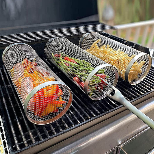 Premium Rolling BBQ Grilling Basket - Professional Metal Barbecue Net | Perfect for Camping & Outdoor Cooking