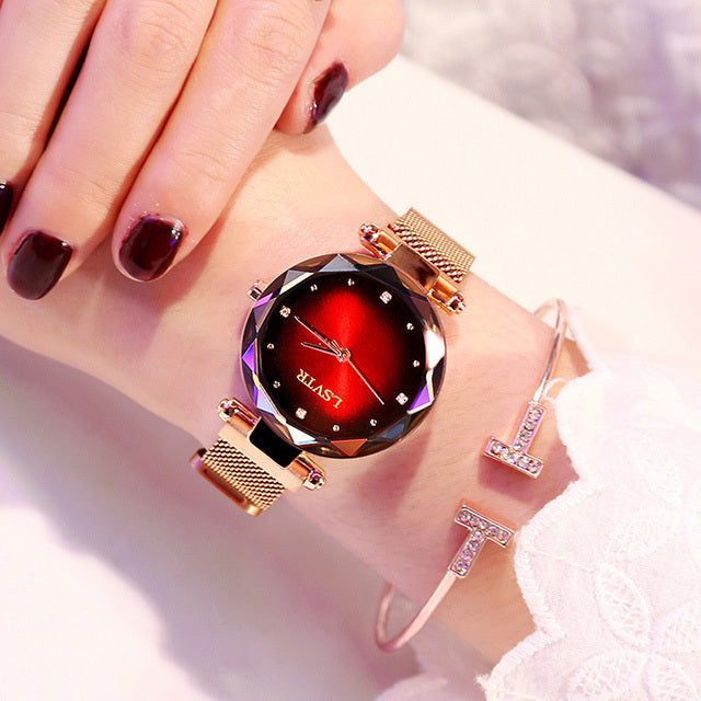 Rose Gold Women's Watch - Fashion Diamond Starry Sky Magnet Wristwatch, Waterproof for Elegant Style