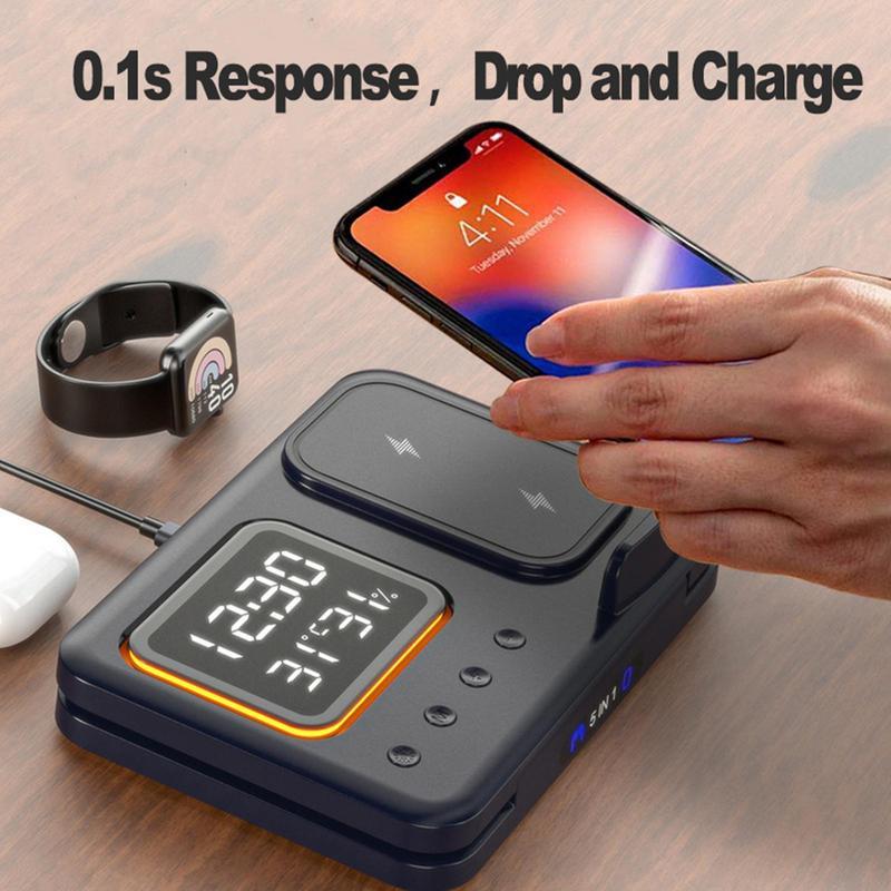 15W Wireless Charging Stand – 5-in-1 LED Digital Alarm Clock, Fast Charging Dock Station for Phones & Devices