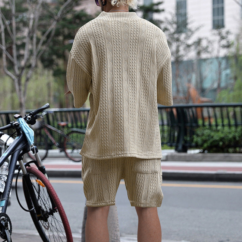 Casual Jacquard Suit Summer V-neck T-shirt & Drawstring Pocket Shorts – Fashion 2pcs Set for Men