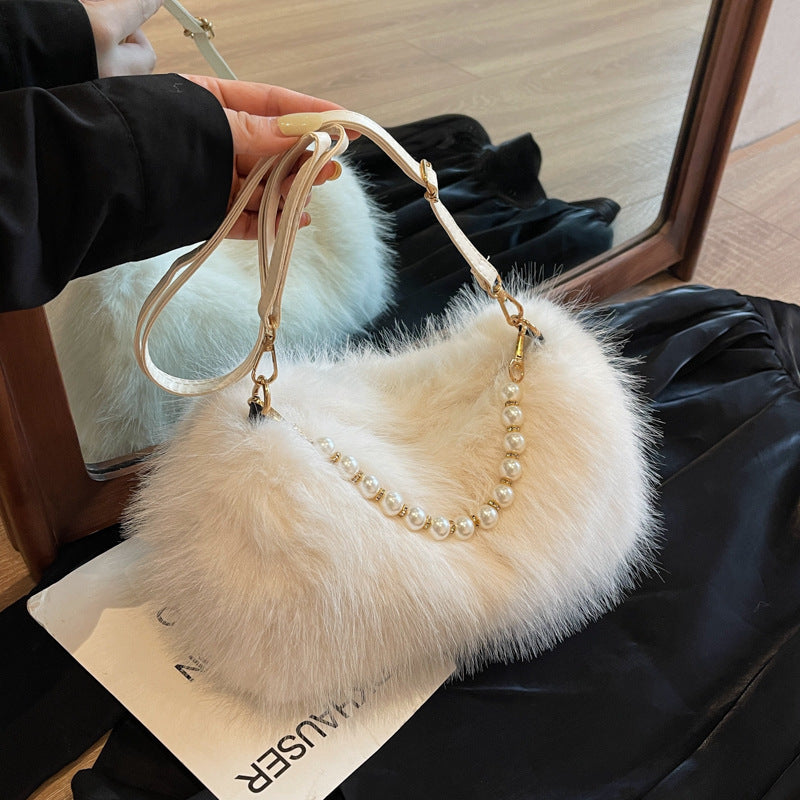 Autumn Winter Plush Shoulder Bag with Pearl Chain – Fashionable Versatile Women's Crossbody Armpit Bag
