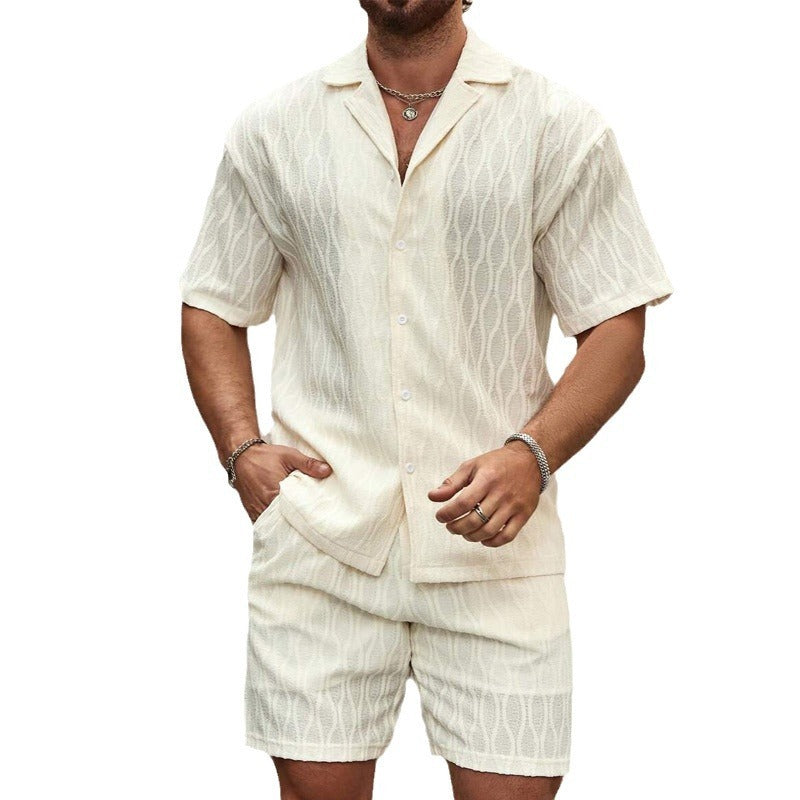 Men’s Fashionable Tracksuit Set – Solid Color Loose Casual Two-Piece Lapel Button Shirt & Shorts for Beach Holiday