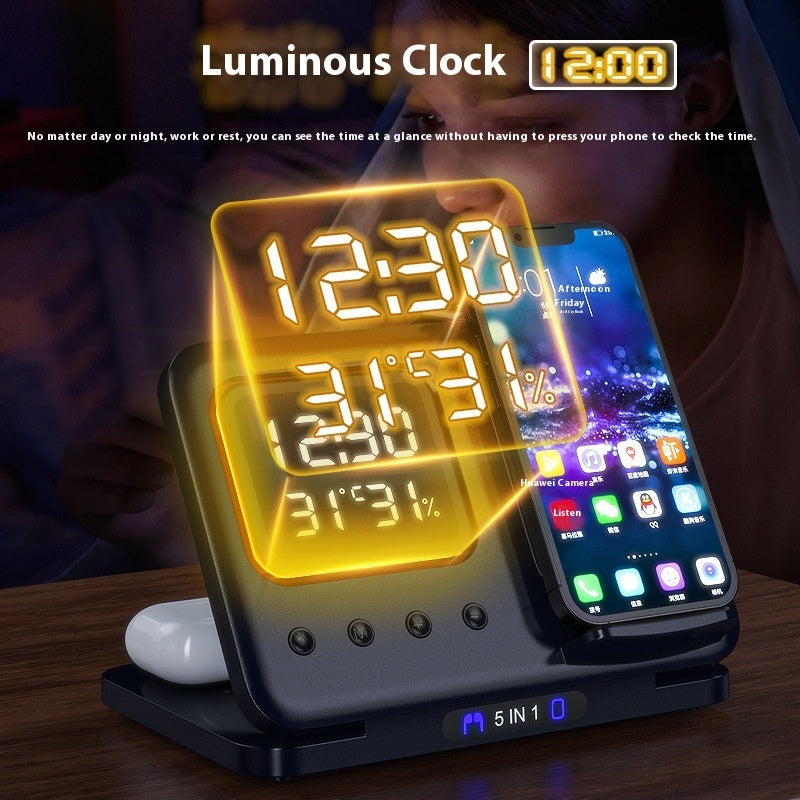 15W Wireless Charging Stand – 5-in-1 LED Digital Alarm Clock, Fast Charging Dock Station for Phones & Devices
