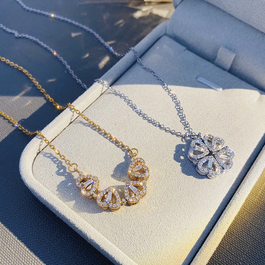 Retro Magnetic Folding Heart Necklace - Four-Leaf Clover Pendant Clavicle Chain Jewelry Gift for Women