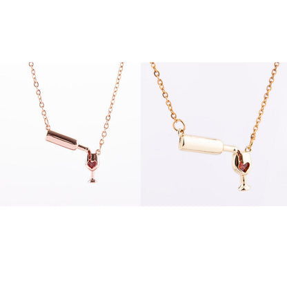 Wine Bottle & Cup Pendant Necklace for Women – Red Enamel Heart Love Cheers Chain Necklace, Perfect Gift for Wine Lovers