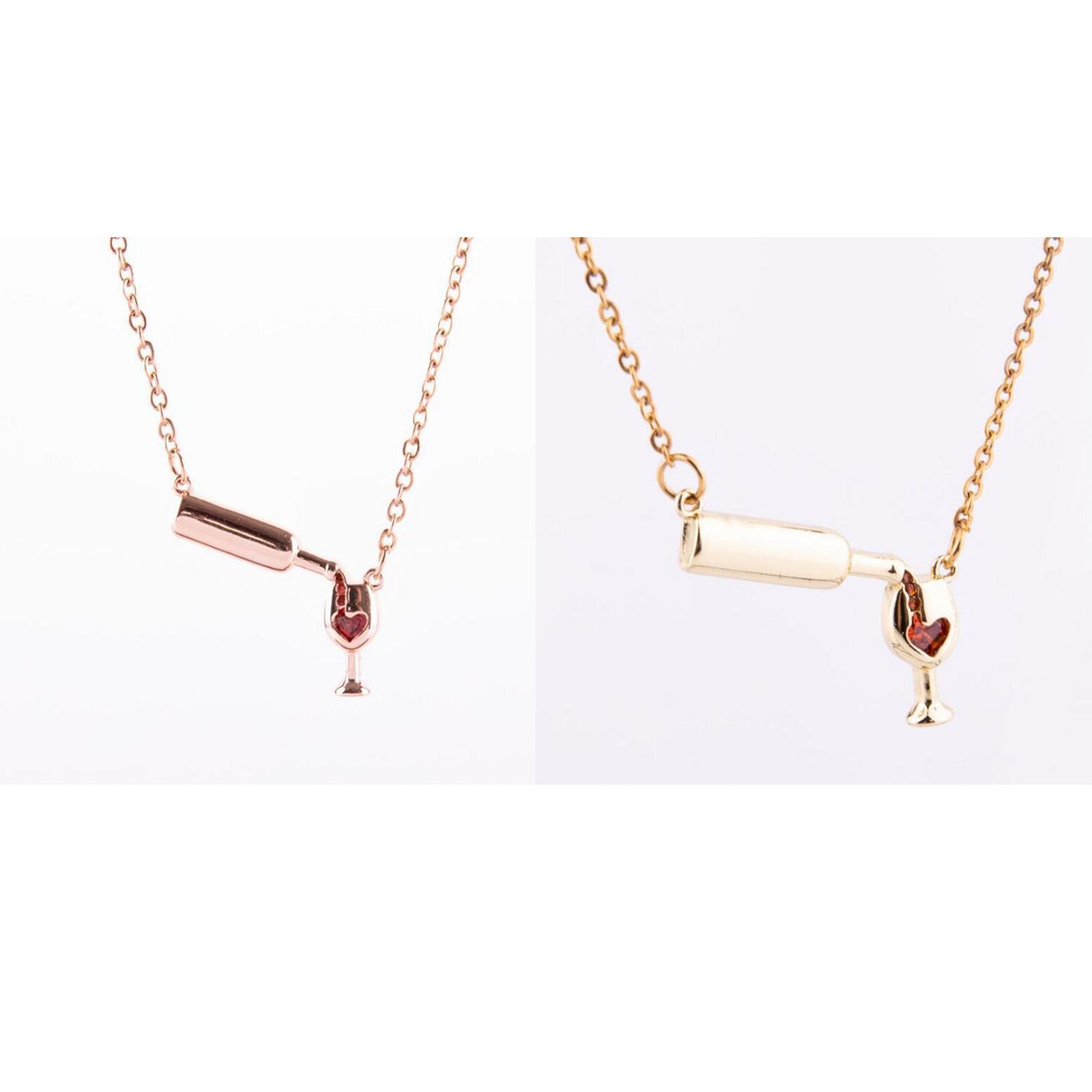 Wine Bottle & Cup Pendant Necklace for Women – Red Enamel Heart Love Cheers Chain Necklace, Perfect Gift for Wine Lovers