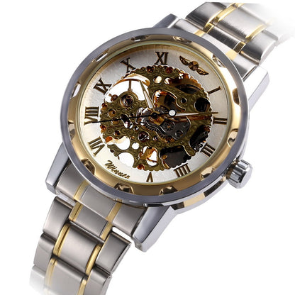 The Winner Men's Fashion Business Casual Gold Watchband Manual Mechanical Watch with Space Engraving