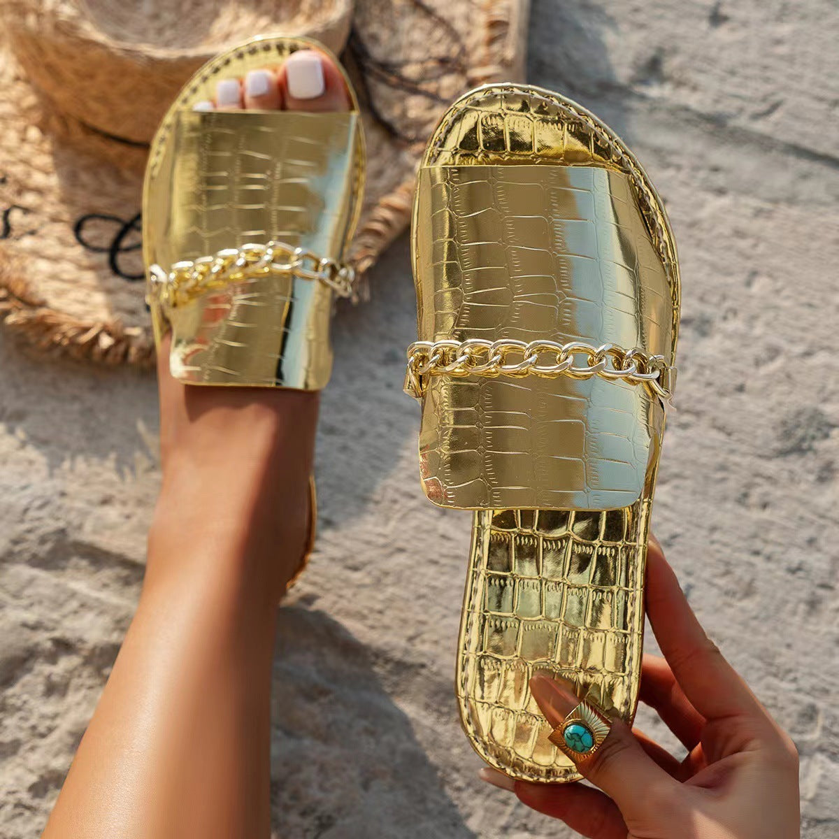 Pattern Chain Flat Sandals – Women’s Fish Mouth Summer Slides for Casual Vacation & Beach Wear
