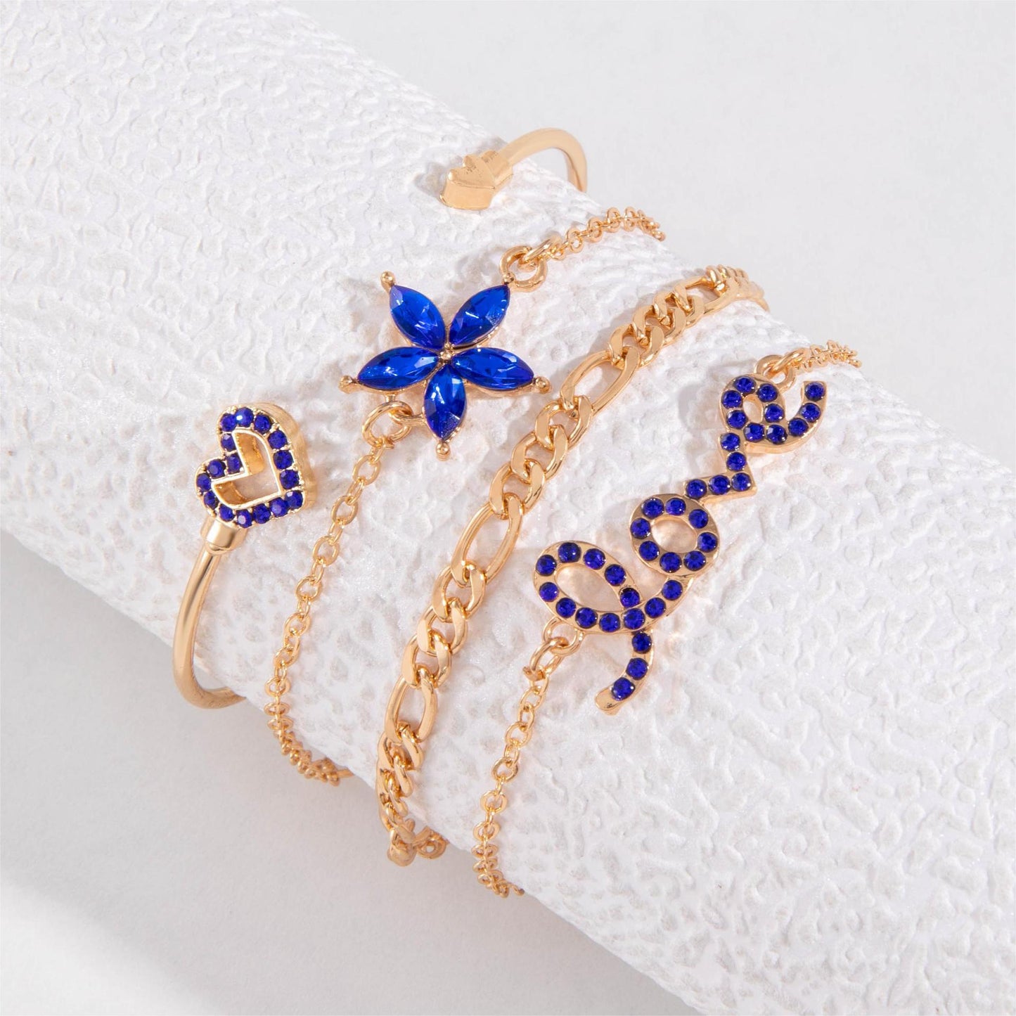 4PCS Blue Flower Love Butterfly Bracelet Set with Rhinestone Design – Valentine's Day Gift for Women